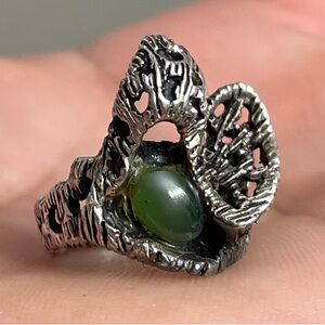 Vintage Brutalist Sterling Silver Jade Ring Size 5.75